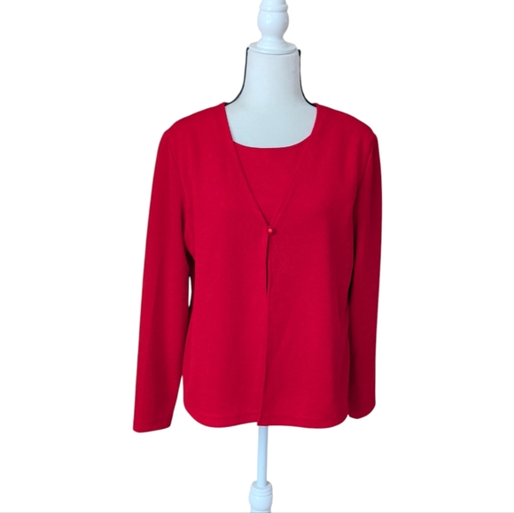 Haberdashery Sweaters - Vtg. Haberdashery by Leslie Fay Sportswear Mock Two-Piece Cardigan LP Red